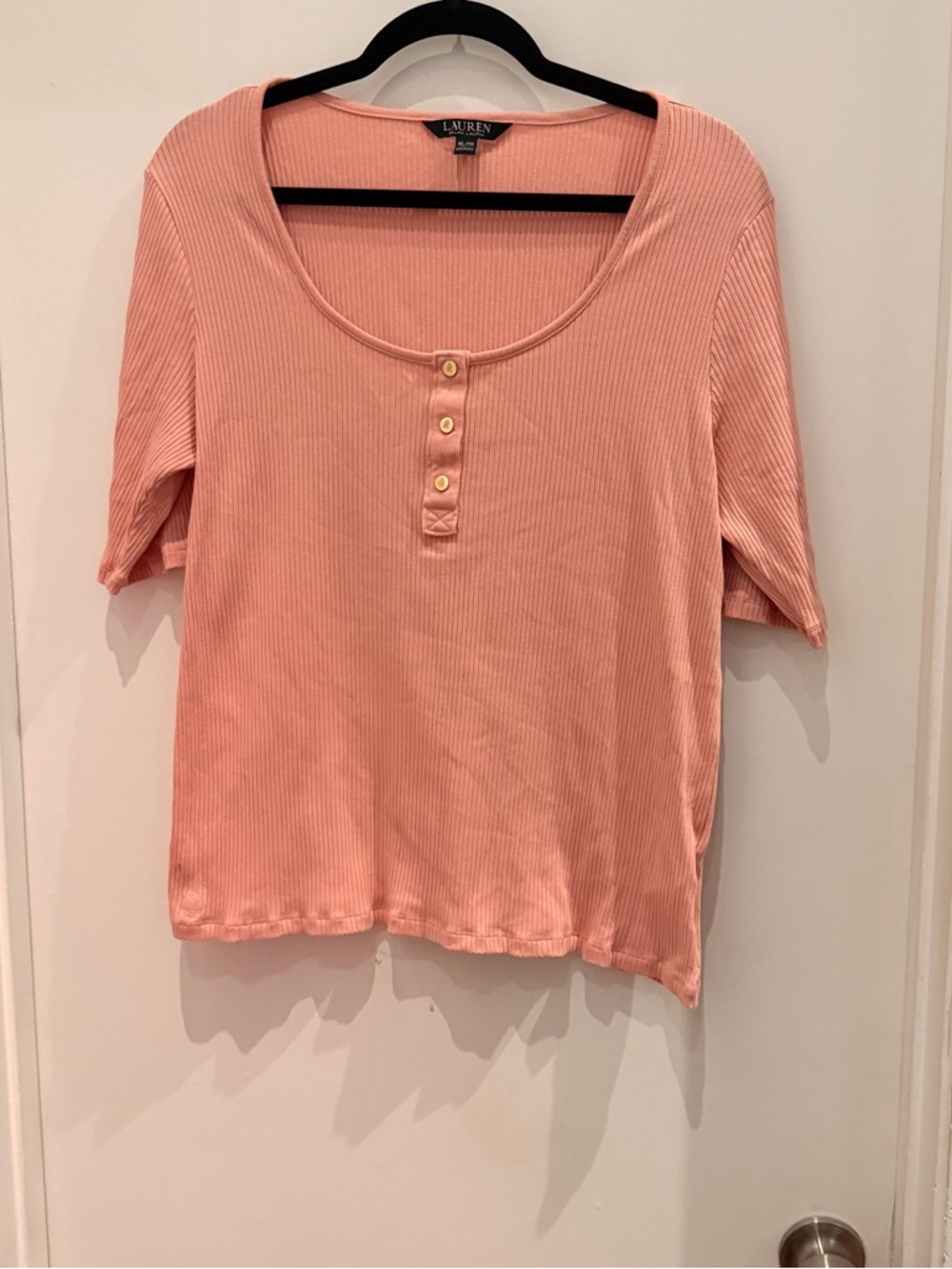 Ralph Lauren Peach-Pink Ribbed Henley Short Sleeve Top
